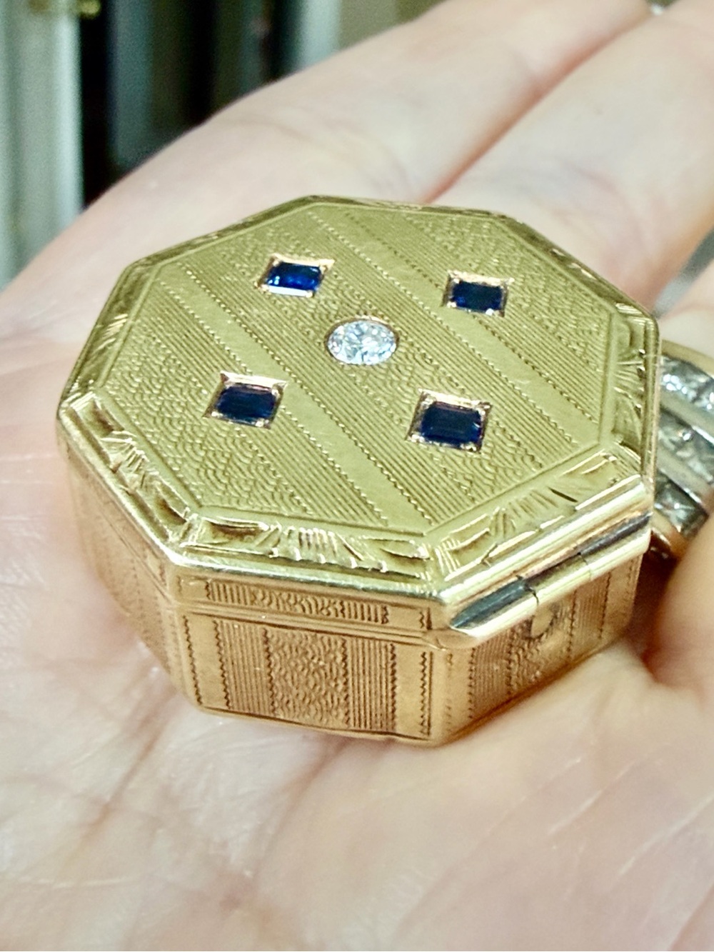 14k gold Box with diamonds and sapphires